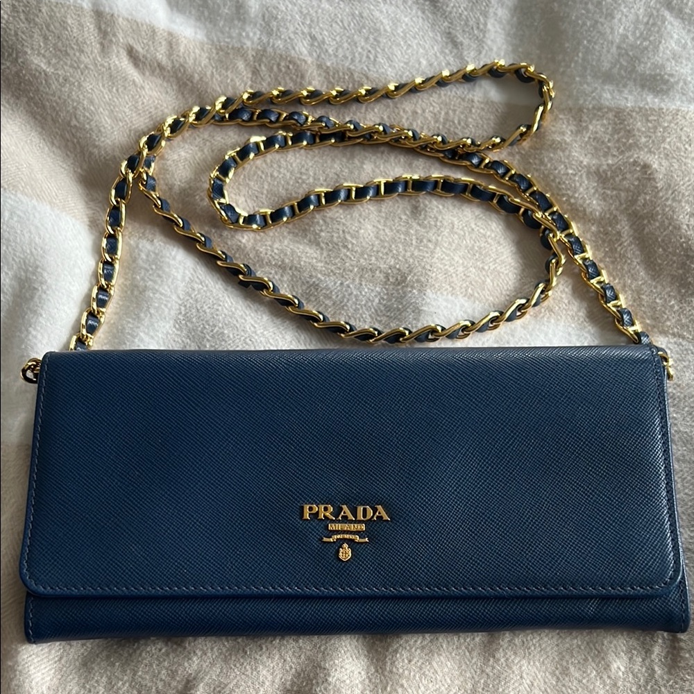 Prada Saffiano Metal Oro Chain Wallet in Bleuette